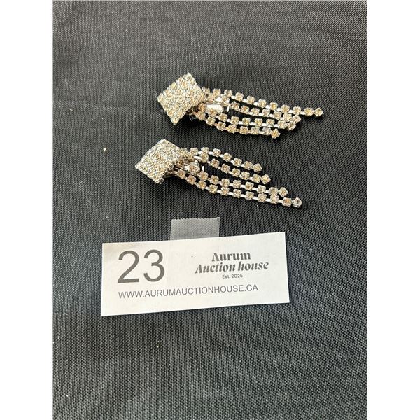 Pair of Vintage Clipon Silvertone Diamond Shape Rhinestone Dangle Earrings