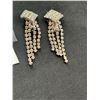 Image 3 : Pair of Vintage Clipon Silvertone Diamond Shape Rhinestone Dangle Earrings