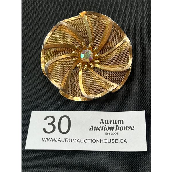 Vintage Signed BED Gold Tone Mesh Auroa Borealis Rhinestone Flower Brooch2.5" Diameter