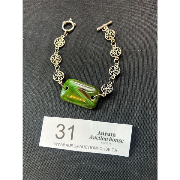 Silver Tone Filigee-Style Bracelet With Green Swirl Rectangular Glass Bead