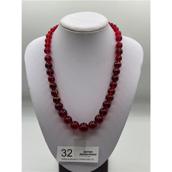 Vintage Red Cranberry Glass with GoldBlue SwirlsBeaded Necklace 19" Long