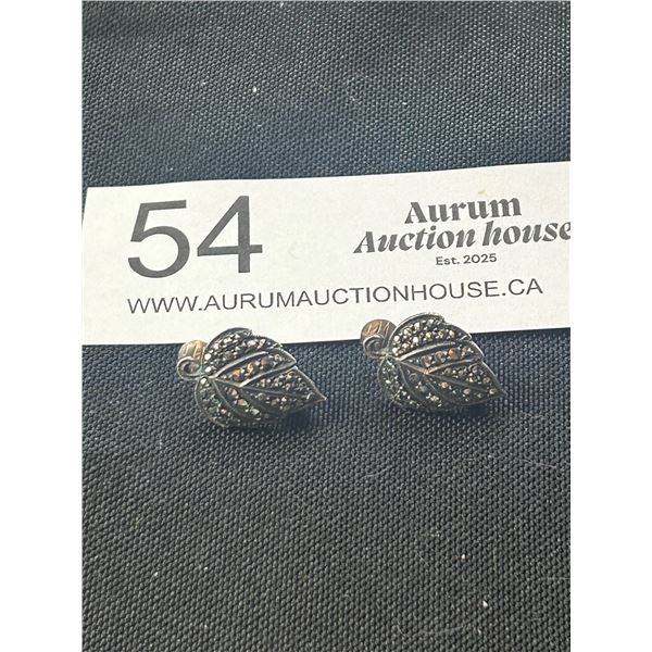 Vintage Sterling Silver Marcasite Leaf Clip on Earrings