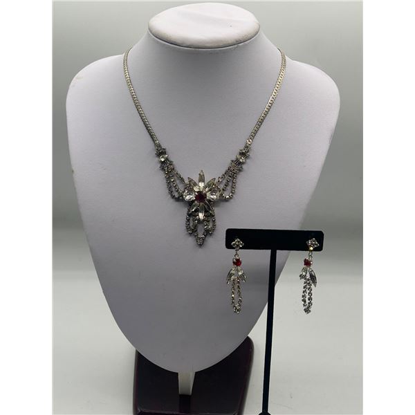 Vintage Silver Glass Rhinestone Floral Necklace with Red Stone and Matching Earrings