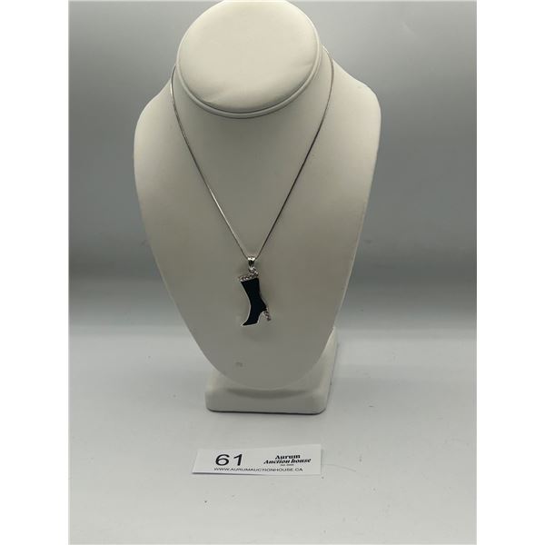 Silver Plated w?Black Enamel + Rhinestones Pendant Necklace