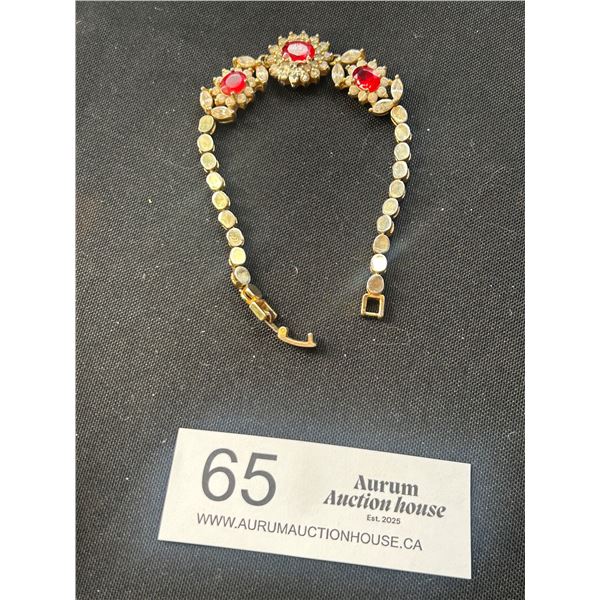 An Old Gold Plated Red Stone + Clear Rhinestone Bracelet