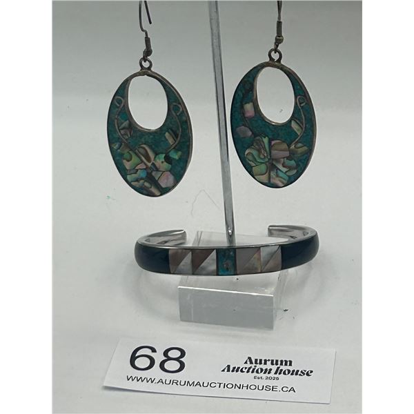 Turquoise Mother of Pearl + Abelone Open Cuff Bangle + Pair of Earrings Marked Mexico