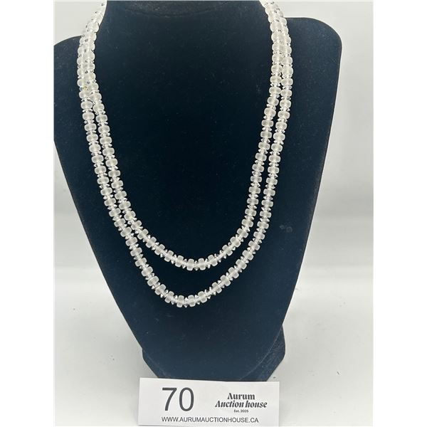 Vintage Semi-Precious Stone Necklace Rock Crysal Beads with Silver Tone Fish Hook Filigree Clasp 36"