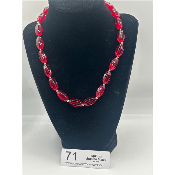 An Older Red Bohemian Glass Beaded Gold Tone Necklace 18" Long