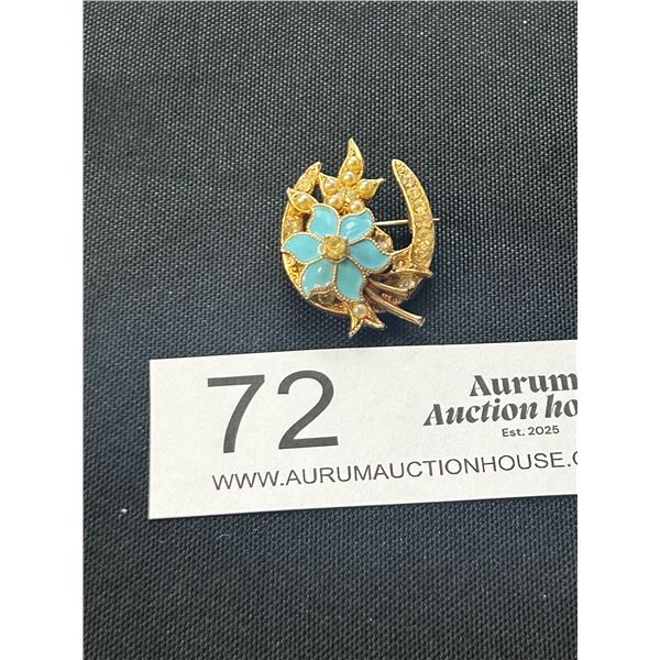 Vintage Floral Horseshoe Brooch With Blue EnamelFlower Gold Tone Unmarked