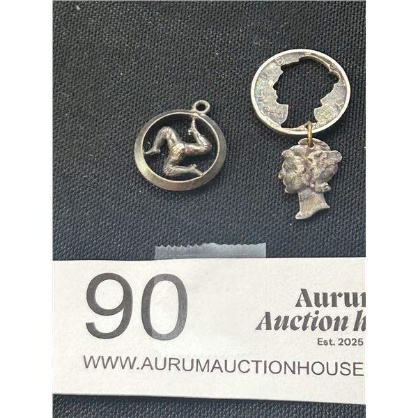 2 Antique Charms 1908 Dime + Isle of Man