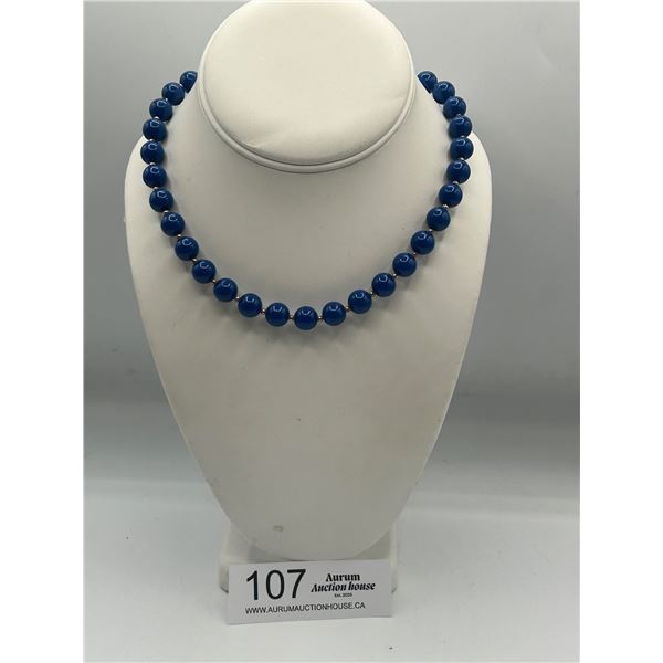 Vintage Blue Beaded Choker with Gold Accents and Blue Barrel Clasp 14" Long