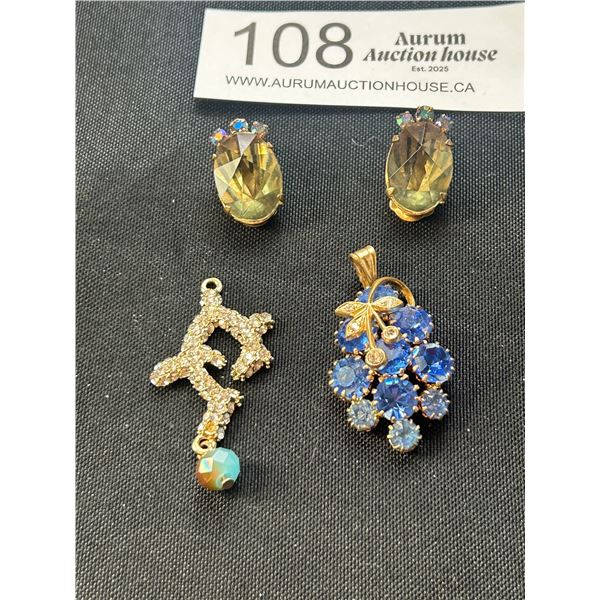 2 Vintage Rhinestone Pendants Plus 1 Open Back Clip on Earrings