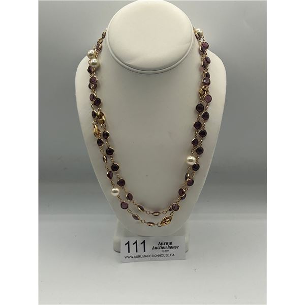 42" Bezel Set Amethyst + Faux Pearl Gold Tone Necklace