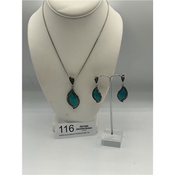 Vintage Silver Tone Drop Earrings with Matching Pendant on Chain Marked 8KG