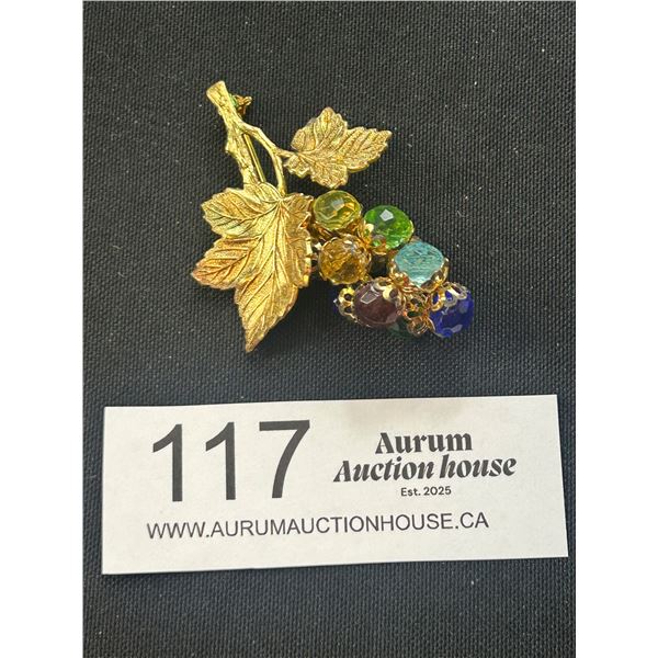 Vintage Figural Branch Brooch With Texured Gold Tone Leaves and Multi Colored Glass Beads