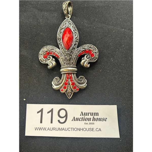 Large 4" Tall Silvertone Fleur-De-Lis Design Pendant With red/ruby Colored Rhinestones