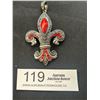 Image 1 : Large 4" Tall Silvertone Fleur-De-Lis Design Pendant With red/ruby Colored Rhinestones