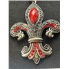 Image 2 : Large 4" Tall Silvertone Fleur-De-Lis Design Pendant With red/ruby Colored Rhinestones