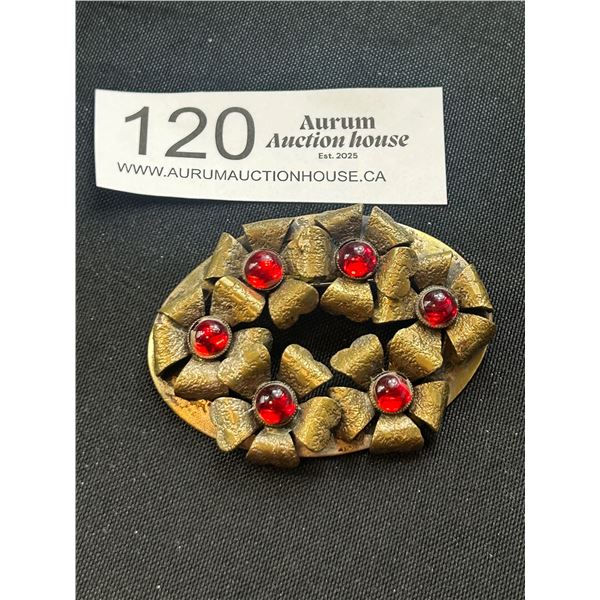 Vintage Gold Tone Flower Wreath Brooch with Red Glass Centers 2.75" Wide
