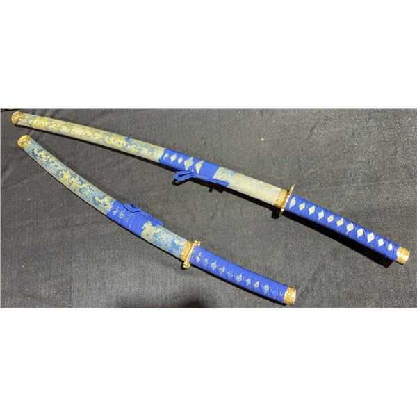 Two Japanese-Style Swords with Blue and Gold Decorative Scabbards