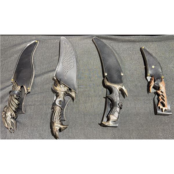 4 Fantasy Decor Knives with Embossed Leather Sheaths