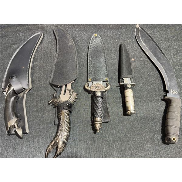 5 Assorted Fixed Blade Knives with Decorative and Synthetic Handles