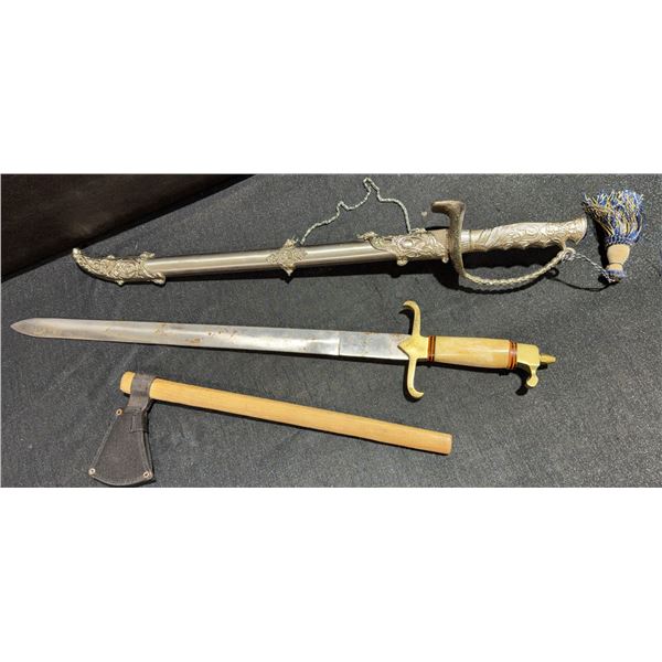Decorative Sword With Ornate Scabbard and Wood-Handled Axe With Sheath, 2 Pieces
