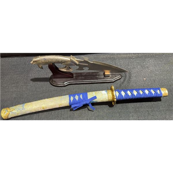Decorative Sword and Fantasy Knife with Stand, Blue Wrapped Handle, Gold Accents