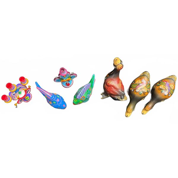 6 Mexican Folk Art Pieces: Candleholders, Fish, and Duck Figurines