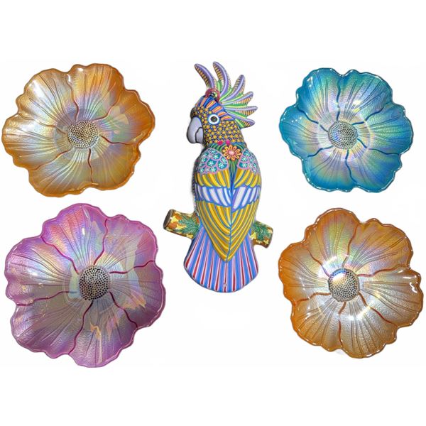 5 Iridescent Glass Flower Bowls and Colourful Hand-Painted Parrot Figurine