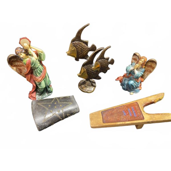 Lot: 2 Porcelain Angel Figures, Brass Fish Statue, Decorated Box, Wooden Tool