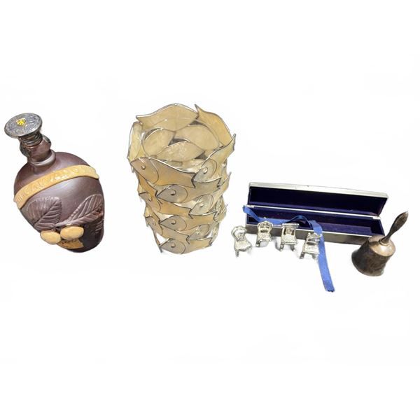 Decorative Lot: Moorcroft Style Flask, Fish Motif Vase, Miniature Chairs, Bell