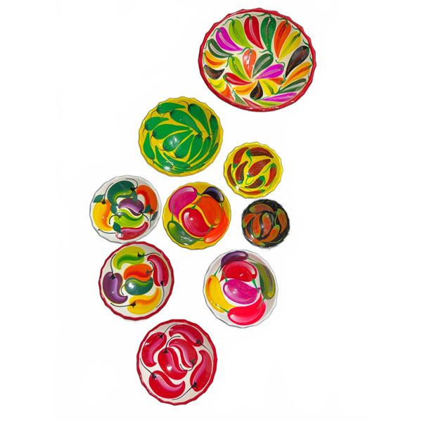 9 Hand-Painted Mexican Ceramic Bowls with Colourful Pepper Motif