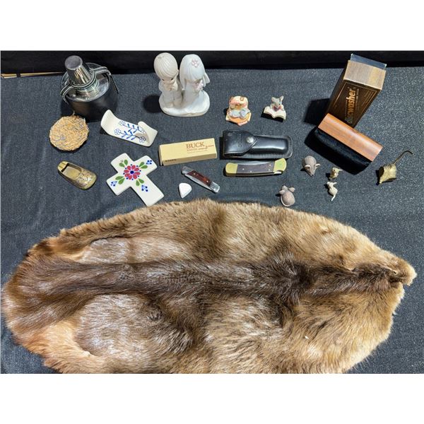 Collectible Lot with Buck Knife, Figurines, Animal Figures, Fur Pelt