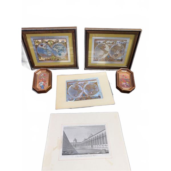 Framed World Maps, Floral Panels, and Architectural Print