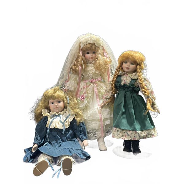 Three Porcelain Dolls: 18" White, 15" Green, 15" Blue Dress With Blonde Hair