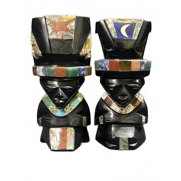 Mexican Inlaid Obsidian Figurines With Abalone, Stone Sun And Moon Motifs