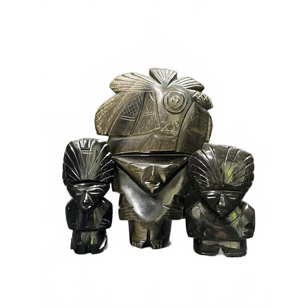 Obsidian Carved Figures in Tribal Style with Ammonite Fossil, Set of Four Pieces