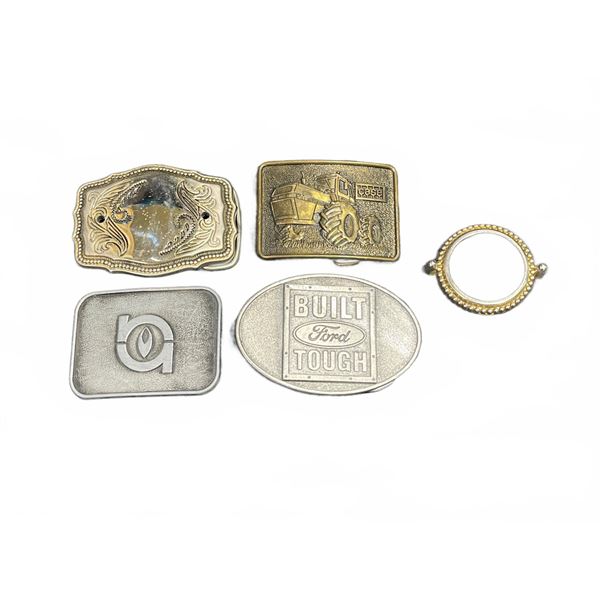 4 Metal Belt Buckles and 1 Metal Beaded Circular Pendant