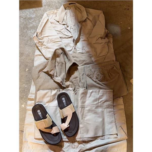 Men's Beige Shirt, Pants, and Sandals Set, Size Unspecified