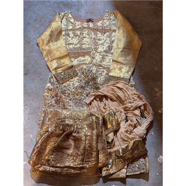 Embroidered Gold Three-Piece Traditional Outfit With Dupatta and Pants