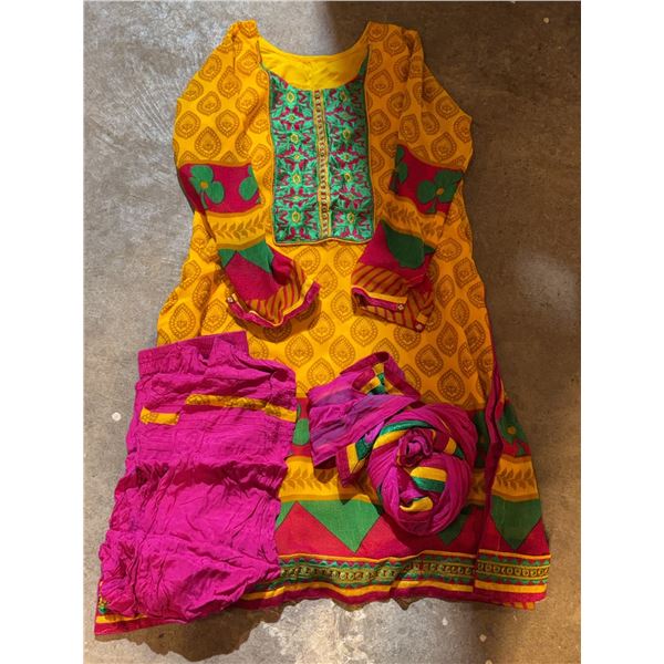 Women's Yellow Punjabi Suit with Multicolour Embroidery and Pink Salwar Dupatta