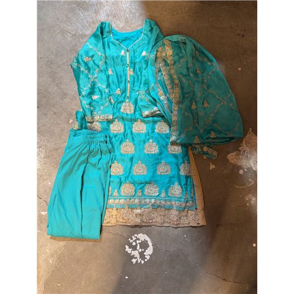 Turquoise Three-Piece Salwar Kameez with Gold Embroidery and Dupatta