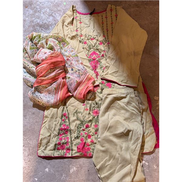 Three-Piece Beige Embroidered Suit With Pink Accents and Floral Dupatta