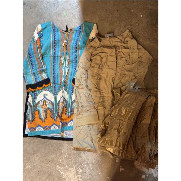 Women's Multicolour Patterned Tunic With Gold Pants and Matching Scarf, Set Of 3