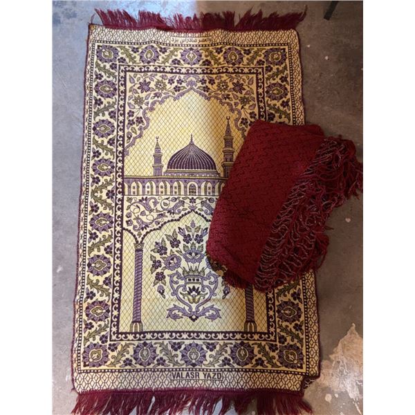 Velvet Prayer Rug With Dome Motif and Maroon Throw Blanket