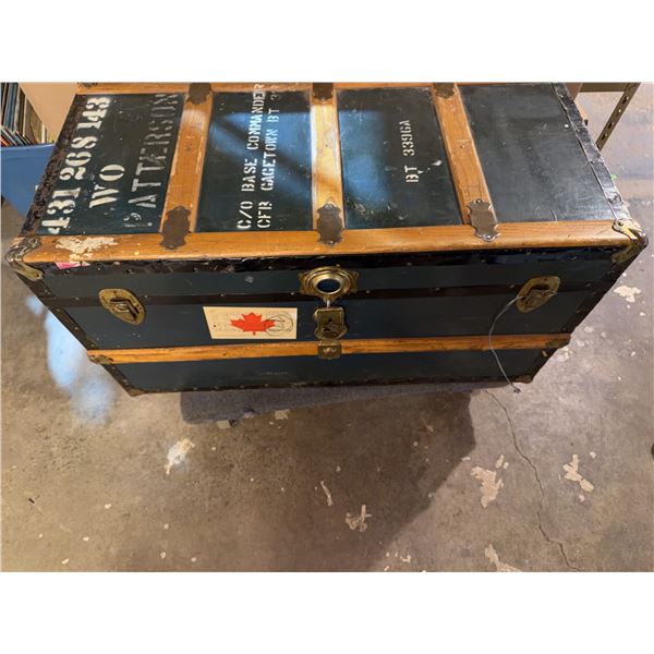 Black Steamer Trunk With Wood Slats, Brass Hardware, Canadian Shipping Label