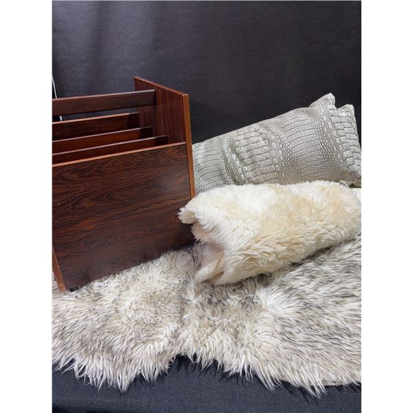 Wooden Magazine Rack, Faux Fur Rug, and Decorative Throw Pillows Set
