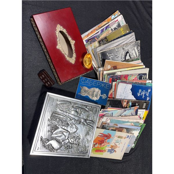 Lot: Knitting Patterns, Fabergé Booklet, Red Box, Silver-Tone Keepsake Box
