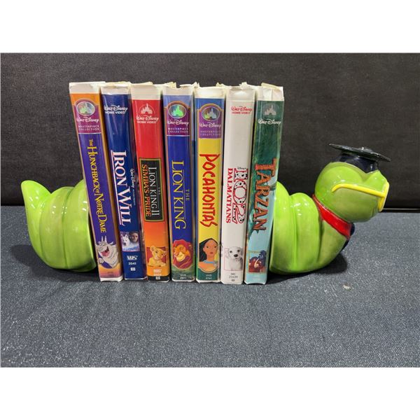 Disney VHS Tapes Lot with Green Ceramic Bookworm Bookends, 7 Tapes Included